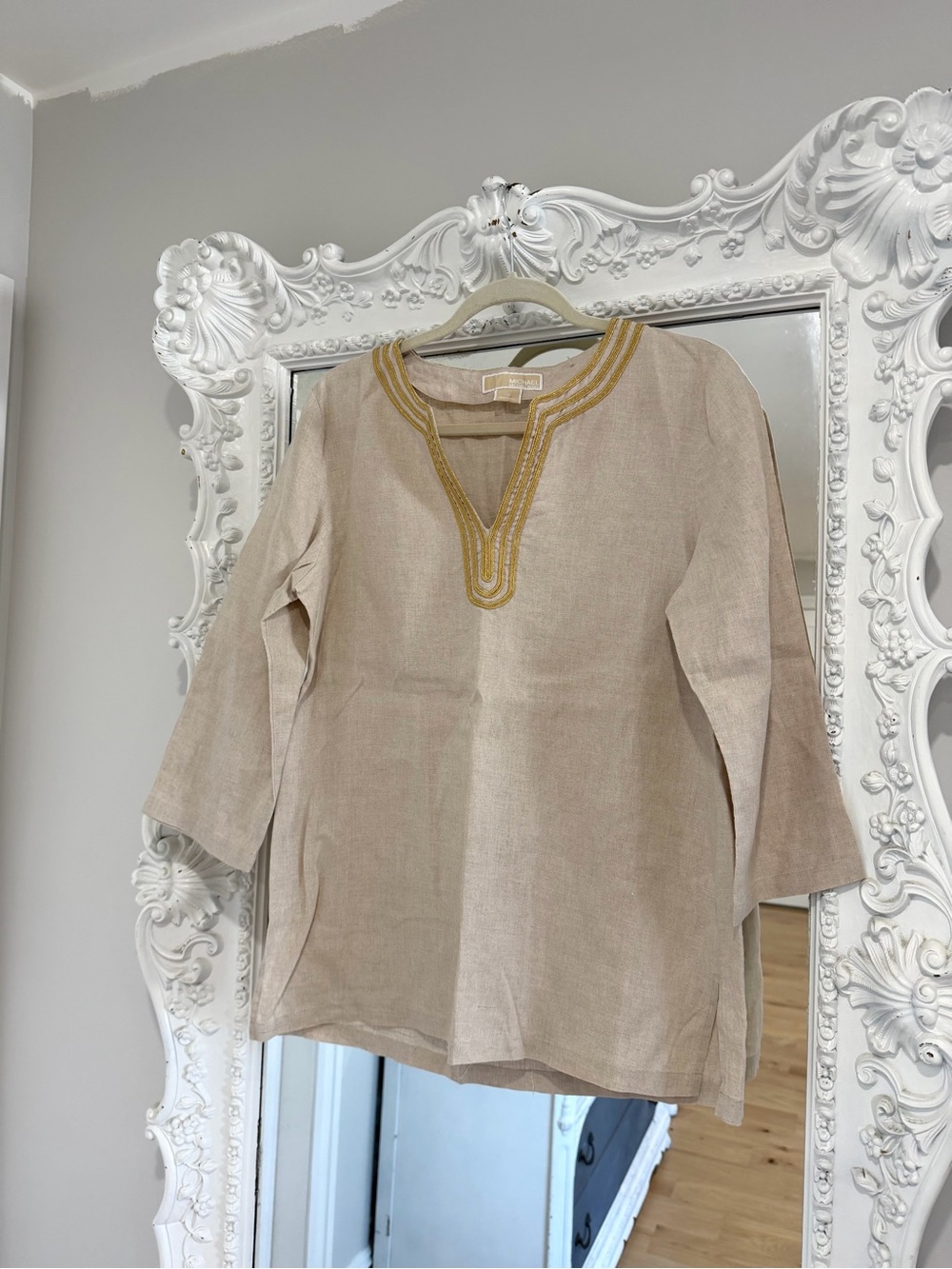 Michael Kors Womens Linen Gold Braid Trim Tunic Dress Beach Summer Top
